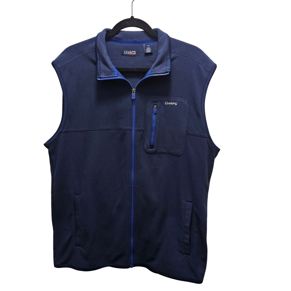 Chaps Sport Mens Fleece Vest Navy Blue Full Zip Large Inside Pocket